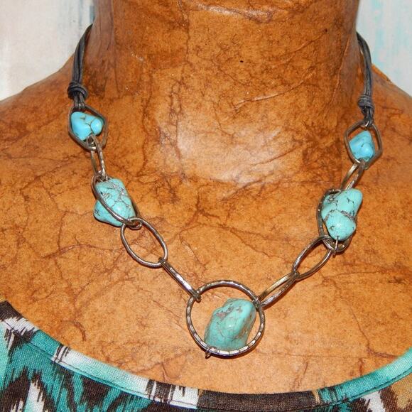 Rustic BoHo Turquoise Rocks & Rings Necklace - Picture 2 of 12